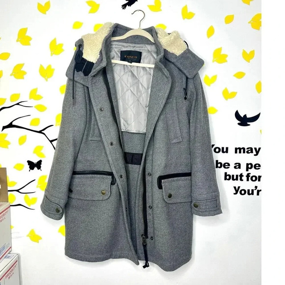 Coach Women’s Granite Gray Wool Coat Jacket With Hoodie And Leather Trims Size M - Picture 6 of 17